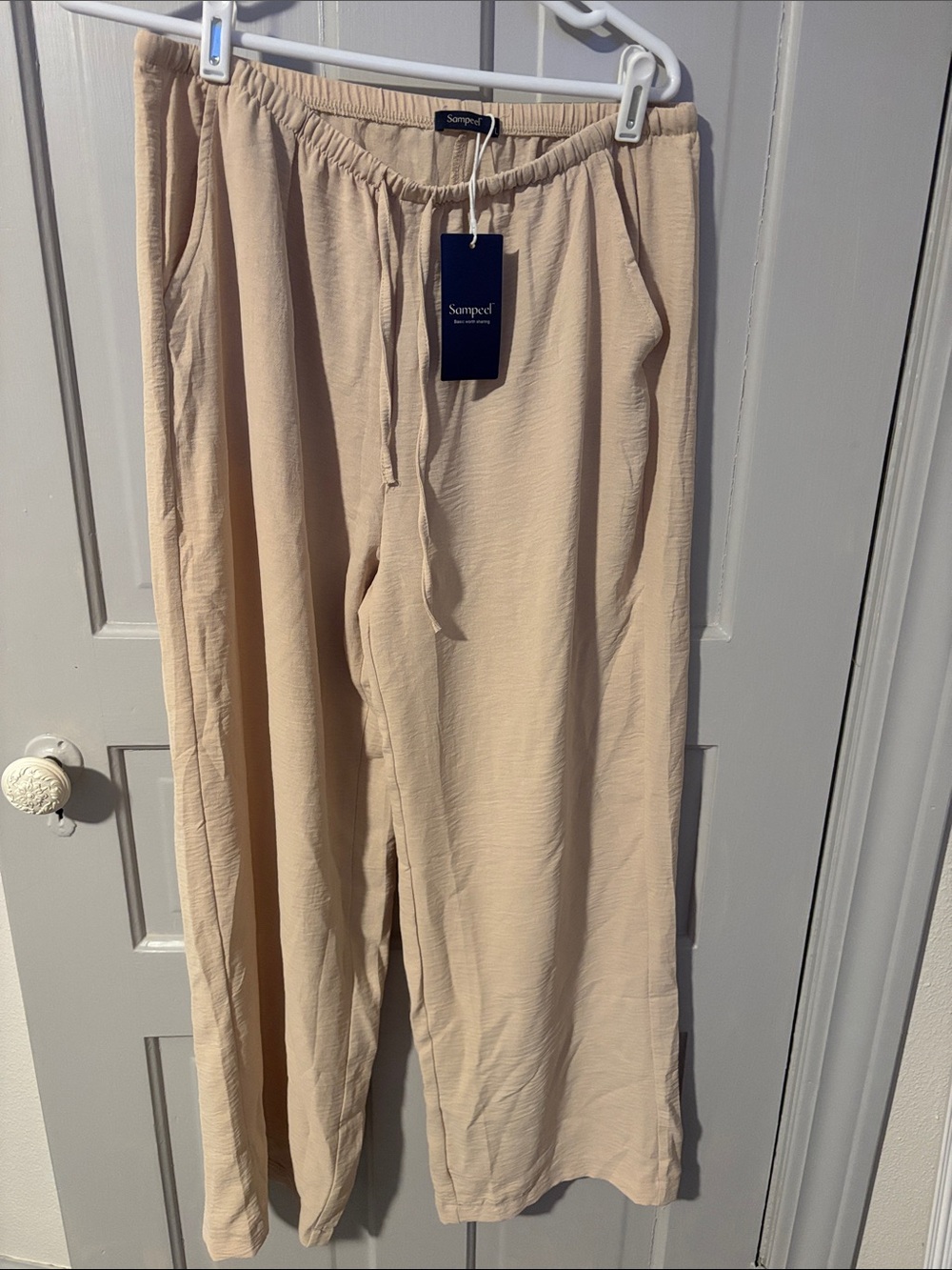 Wide-Leg Drawstring Pants in Beige